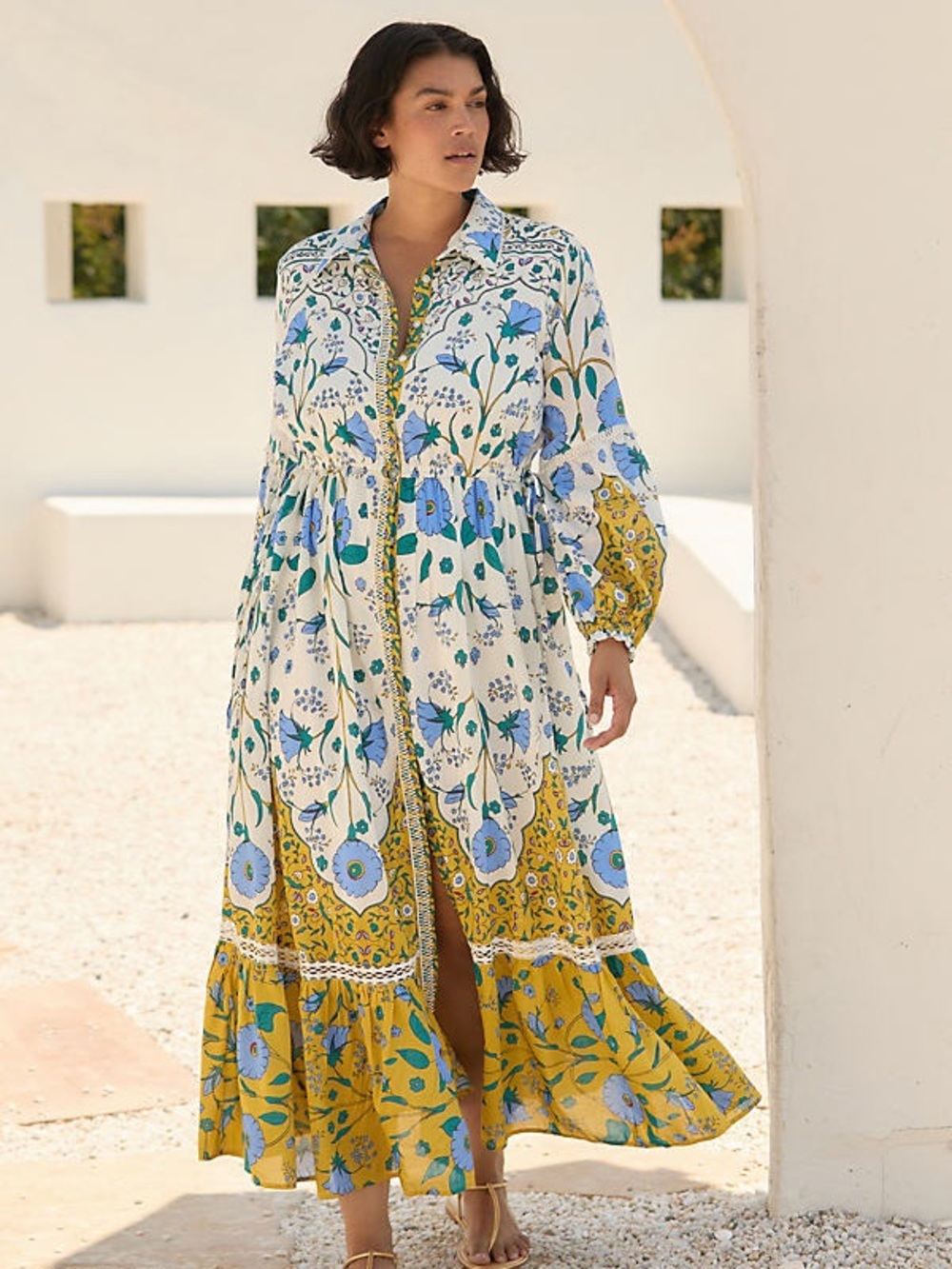 Anthropologie Eleanora Floral Cotton Maxi Dress Blue & Yellow Size XL Like New